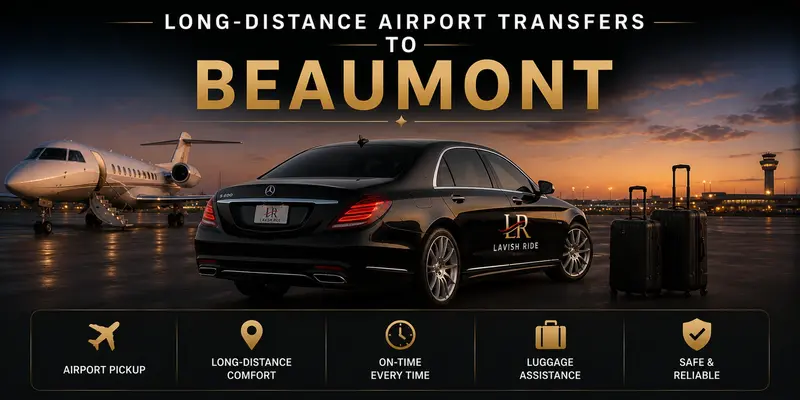 Mercedes S600 luxury airport transfer service to Beaumont featuring private chauffeur transportation, airport pickup, luggage assistance, and reliable long-distance travel with Lavish Ride branding at sunset.